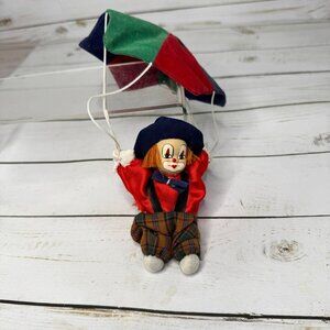 Vintage Small Ceramic & Cloth Clown Toy with Parachute Collectible Hanging Decor